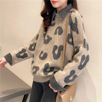Tide brand Ocnltiy denim shirt collar splicing autumn and winter sweater loose BAO WEN fake two-piece knitted top women