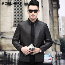 Spring new Haining leather leather mens deer pattern leather sheepskin stand-up collar jacket short business casual jacket