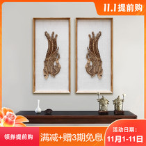 Three-dimensional solid wood carving frame hanging painting vertical porch corridor aisle mural Peacock Phoenix new Chinese decorative painting