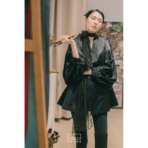 TUYUE coated moon black acetate satin cashew suit jacket Yuanbao collar drop shoulder hollowed-out bubble sleeves West suit summer