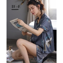 IF-KANN pajamas womens summer ice silk short-sleeved silk thin cardigan short-sleeved shorts Hong Kong style home wear suit