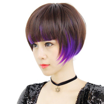 Wig short straight hair girl gradient pick dyeing fashion BOBO head fluffy realistic wig set round face buckle curly hair