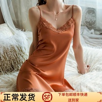 Silk sexy pajamas womens autumn lace suspenders nightdress 2023 new high-quality mulberry silk home service