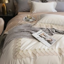 Bai family lovers 100 Xinjiang long suede cotton pure cotton four sets Nordic pearl white embroidered cotton quilts bedding bedding 4