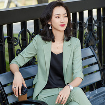 Green small suit jacket womens spring and autumn suit 2021 new Korean fashion casual professional suit two-piece suit