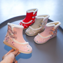 Autumn and winter girls velvet Hanfu shoes Boots Children embroidered cotton shoes Chinese style old Beijing cloth shoes Snow boots velvet