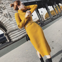 2021 new womens autumn and winter clothes European station European long sleeve Net red French knitted dress womens early autumn