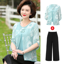 Mothers summer suit foreign style chiffon small shirt 2020 new middle-aged and elderly womens short sleeve blouse fake two-piece set