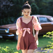 2021 New Bubble Hot Spring Swimsuit Womens Conservative Fairy-style One-piece Dress Small Chest Push-Up Student Plus Size Slim Covering Belly