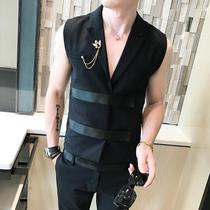 ? Tide Man Bar Singer Stage Performance Nightshop Fashion Fashion Fashion Sleeveless Suit ankle-length pants Set