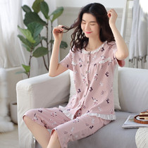 Pajamas womens summer pure cotton short-sleeved three-point pants cardigan middle-aged mother outfit home clothes two-piece suit summer thin section