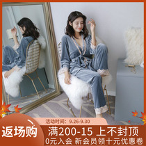 Pajamas female winter coral velvet thickened gold velvet sexy suspender three-piece long sleeve can be worn outside warm flannel