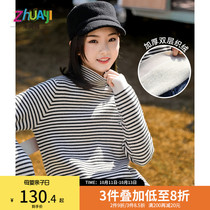 Girls striped sweater half high collar plus velvet thickened foreign atmosphere warm childrens knitwear womens children winter sweater sweater