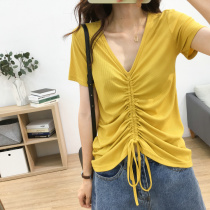 Drawstring short-sleeved T-shirt womens 2020 summer new Korean loose thin stretch design sense V-neck wild top tide
