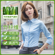 Blue shirt Women spring and summer thin small square collar waist top blue shirt work clothes professional work wear breathable