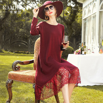 Camilan long-sleeved dress womens autumn and winter 2019 new loose mid-length lace stitching a-line skirt