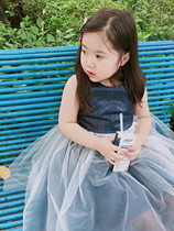 none none milk dads Rosa girls super beauty blue sequined stitching Yarn Yarn dress birthday skirt dress