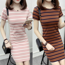 2019 new striped cotton medium long lady one step closer to dress short sleeves waist up to lean underbag hip home