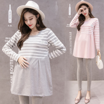 2020 pregnant womens spring and autumn season increased plus fattening striped blouse splicing fat MM loose blouses jacket with leanthin damp