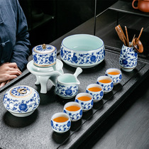 Handmade gold blue and white automatic tea set anti-hot stone mill lazy tea maker creative kung fu tea set gift