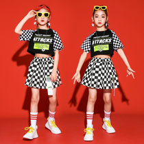 Female Great Boy Suit Summer 2021 New Ocean Gas Children Fried Street Plaid Wave Dress Girl Reveal Navel Street Dance Hip Hop Suit