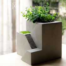 Nordic creative minimalist art retro office study cement imitation rough pottery geometry fleshy ornaments potted plants