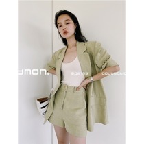 DMON retro imported linen woven dye tender green medium long short sleeve suit casual shorts set women