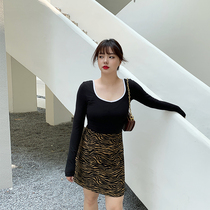 King grape fat mm large size high waist A-line skirt 2020 autumn new brown short skirt zebra skirt