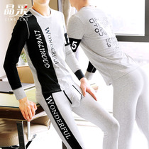 Tide brand personality mens autumn clothes and trousers suit sports thermal underwear mens breathable youth autumn and winter bottoming cotton sweater