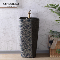 Blue and white retro column washbasin integrated floor-standing ceramic wash basin balcony courtyard sink Outdoor