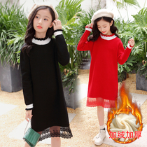 Girl among girls long style dress with dress and autumn winter dress CUHK Girl lace princess dress Korean version 15 girl sweaters garnter thickened