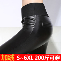 Fat leather pants women plus velvet thickened high waist pu leather pants elastic fat mother fat 200 Jin autumn and winter leggings