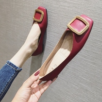 Shallow mouth net red single shoes womens 2021 spring new wild fairy style flat-bottomed doudou shoes leather soft leather soft bottom