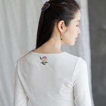 Strange flowers open orchid (Zhichun) Chinese top retro bottomed embroidered shirt Womens T-shirt thin Limited