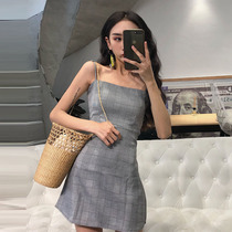 Lggstyle chic wind retro port to taste with high waisted plaid one-piece dress cashew with slim fit and thin A character pendant with dresses