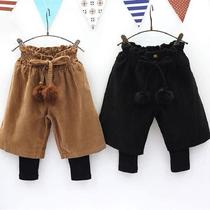 Korean version of the suit 2020 spring and autumn new girls trendy corduroy wool ball tether fake two-piece boots pants casual pants