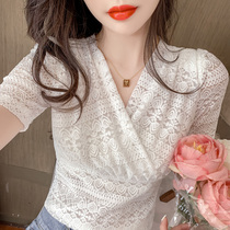 2021 new super fairy perspective bubble sleeve lace bottoming shirt womens V-neck hollow short-sleeved mesh top short shirt