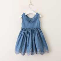 Kids Summer 2022 New Garden Collar Wooden Ears Denim Dress Girls Embroidered Dresses Vest Skirts European American Style