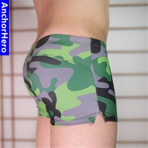 Sea anchor Jun swimming trunks mens flat angle conservative pouch anti-embarrassment hot spring camouflage low waist quick-drying navy beach scoliosis