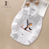 Boys white shirt long-sleeved 2021 spring and autumn mid-size childrens cartoon printing top pure cotton inch childrens shirt 3394