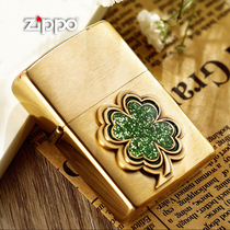 Original ZIPPO lighter clover green badge 28806 gold brushed auspicious gift for men and women