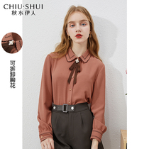 Autumn water Eren red shirt autumn 2021 new womens bow shirt French chiffon shirt top women