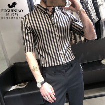 Rich bird mens striped short-sleeved shirt summer Korean version of the trend slim-fitting British business casual mid-sleeve shirt men
