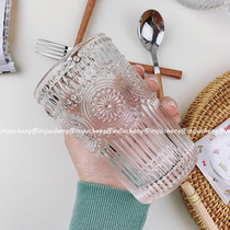 ins Vintage embossed Phnom Penh glass High face value girl heart sun flower Water cup Milk cup Coffee drink cup