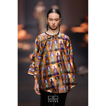 (Spot) Painted Moon Large Flap Right of Satin Face Buddha State Wind Fresco Printed Improvement Chinese Blouse Art