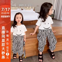 Hanhan Liangpin Net red suit 2021 Girls summer Clothes Smiley short-sleeved Zebra pattern shaking bloomers two-piece set
