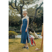 Painted Moon Designer Blue White Splicing Pituitary Cushion Shoulder Bronze Ammonia Silk Improved Qipao China Wind Even Dress Book Volume Qi