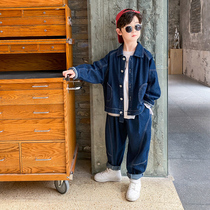 Boys' spring denim suit 2022 new fashionable online magenta spring autumn handsome fashionable children's clothing three-piece suit