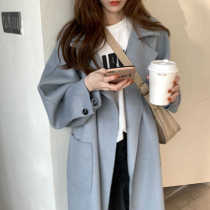Spring 2021 New woolen coat women loose lapel big pocket over knee small student woolen coat