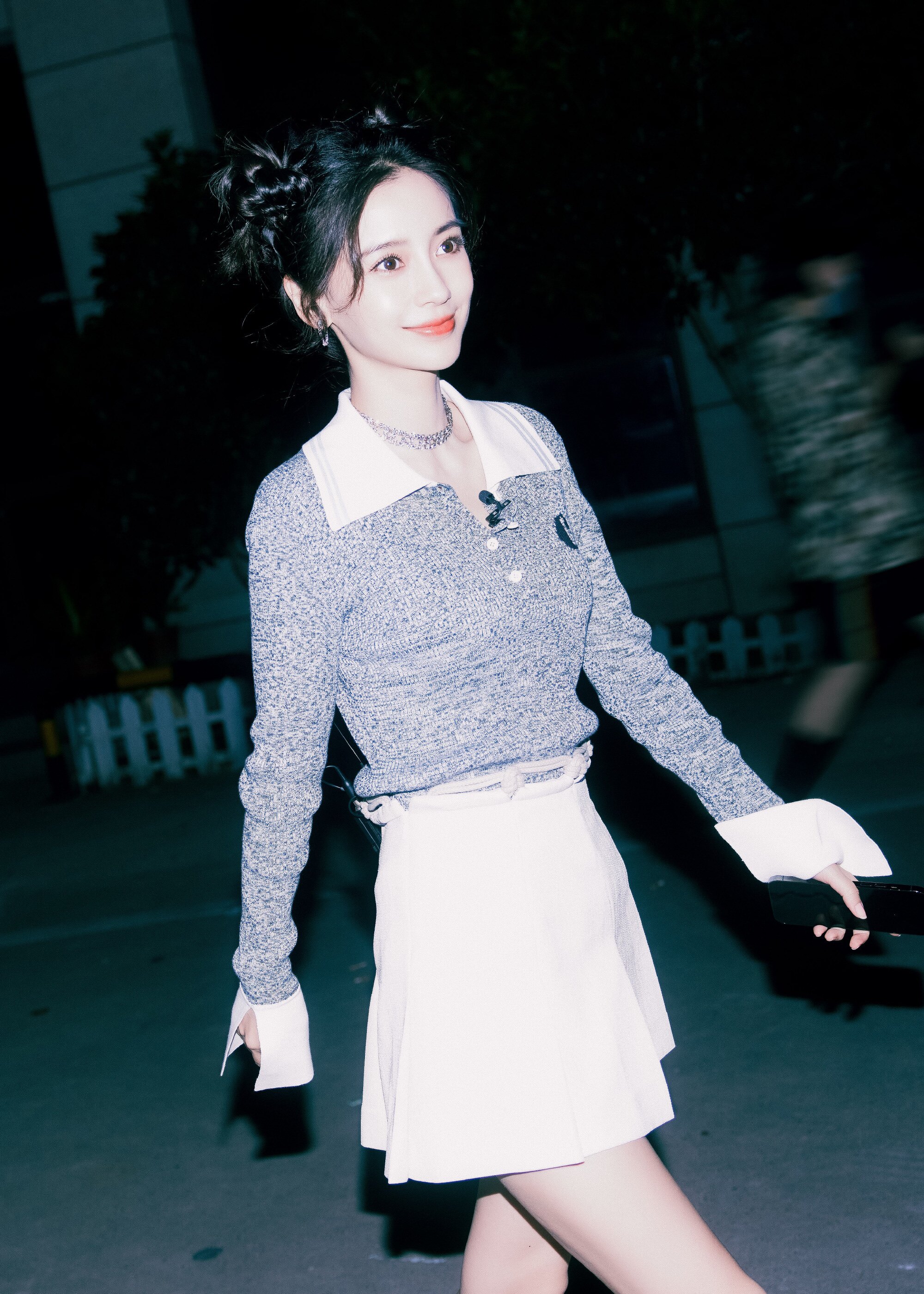 明星杨颖baby同款2021早秋灰色字母拼接毛衣女针织衫假两件上衣潮